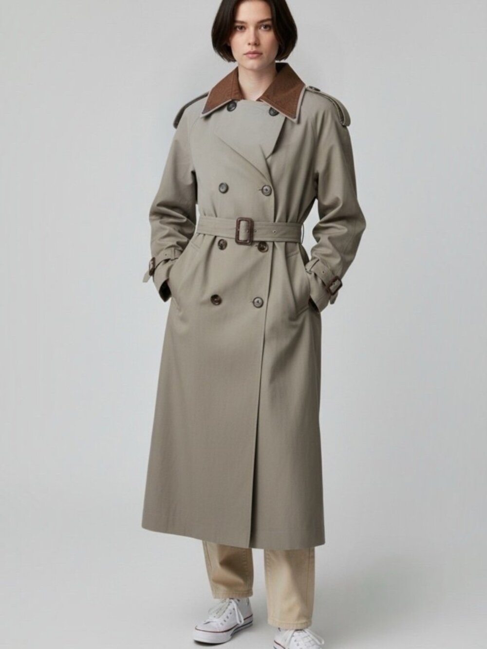 Women Whiteroom Cactus Long Double-Breasted Trench Coat Gray Size XS S M L